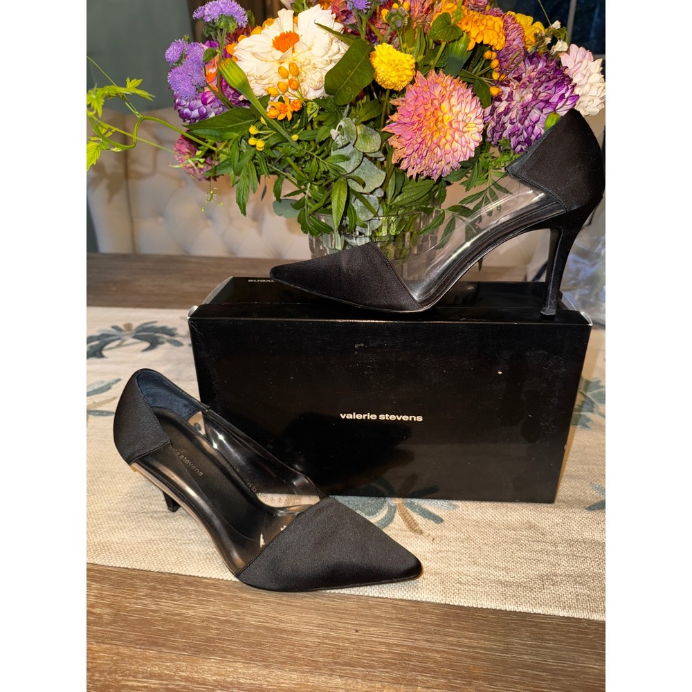 Valerie Stevens Black Satin Pointed Toe Clear‎ Vinyl Heels Size 7M Pumps